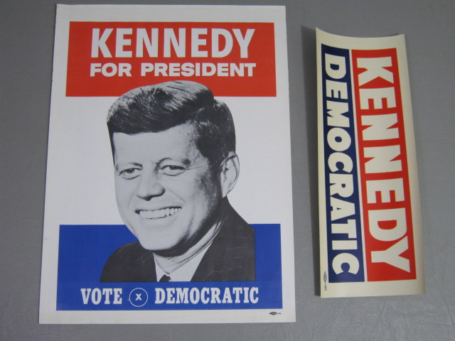 Original 1960 John F Kennedy JFK Political Campaign Poster + Bumpersticker NR!