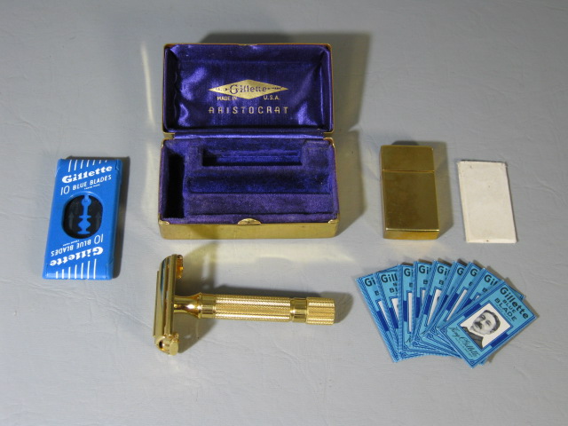 Vintage Gold Gillette Aristocrat Safety Razor Original Case With NOS Blades NR!