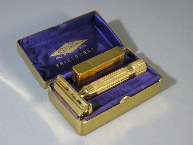 Vintage Gold Gillette Aristocrat Safety Razor Original Case With NOS Blades NR! 1