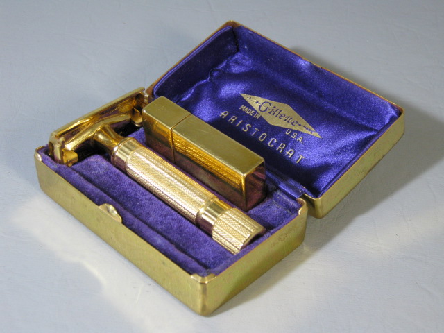 Vintage Gold Gillette Aristocrat Safety Razor Original Case With NOS Blades NR! 2