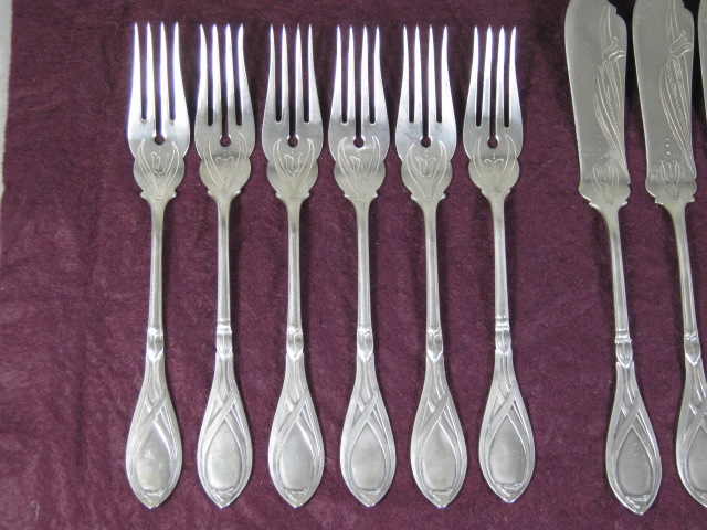 Antique Franz Bahner German 800 Silver Fish Set Forks Knives Tulip Pattern 19+oz 1