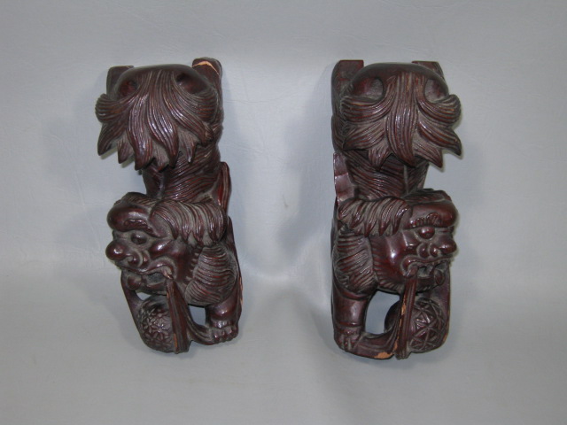 2 Antique Late 1800s Hand Carved Wood Wooden Asian Oriental Foo Dog Lions Pair
