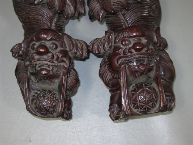2 Antique Late 1800s Hand Carved Wood Wooden Asian Oriental Foo Dog Lions Pair 1