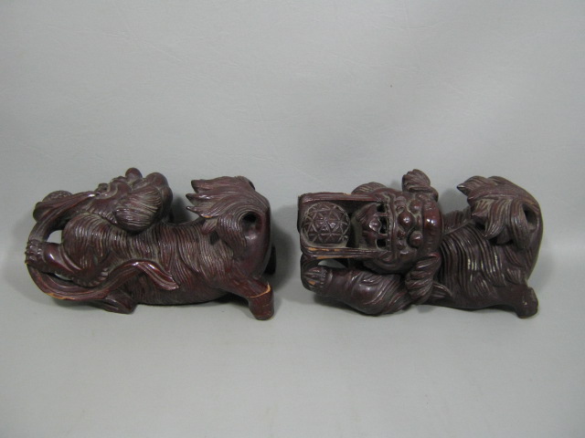 2 Antique Late 1800s Hand Carved Wood Wooden Asian Oriental Foo Dog Lions Pair 2
