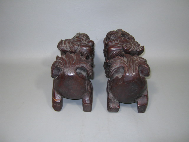 2 Antique Late 1800s Hand Carved Wood Wooden Asian Oriental Foo Dog Lions Pair 3