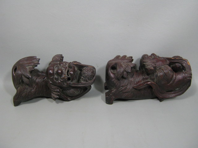2 Antique Late 1800s Hand Carved Wood Wooden Asian Oriental Foo Dog Lions Pair 4
