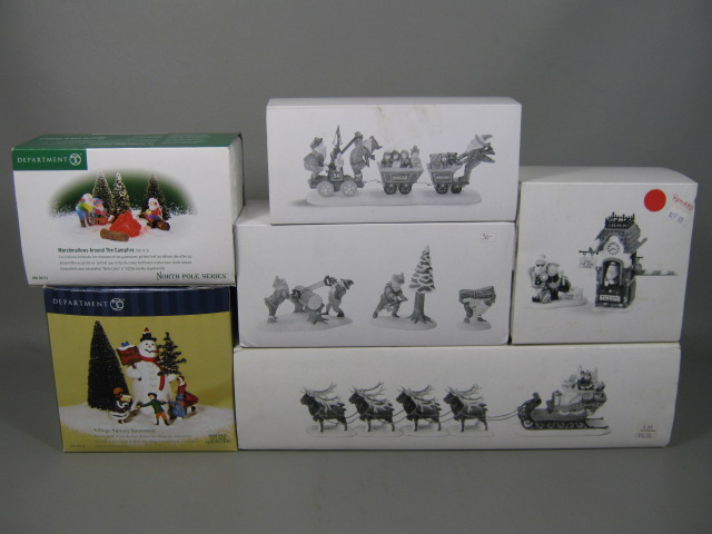 6 Dept 56 Xmas Figurines Snowman Santa Elves Sleigh & Tiny Reindeer North Pole