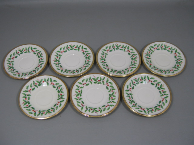 7 Lenox Dimension Collection Xmas Holiday Holly Berry Gold Saucers Set Lot 6" NR