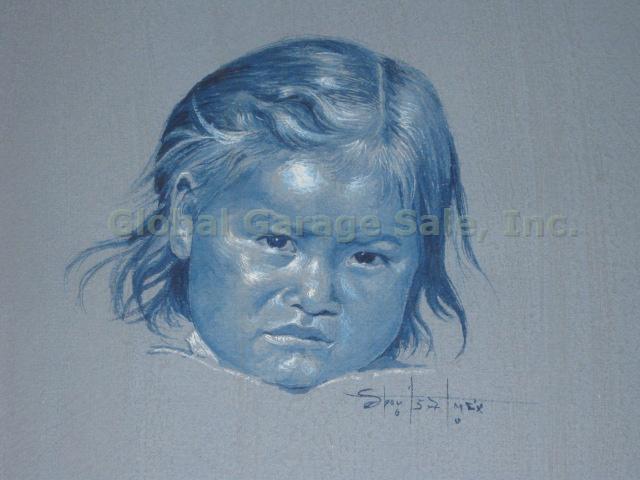 2 Vtg Original Signed 1957 Mexican Child Blue Portrait Art Paintings Drawings NR 1