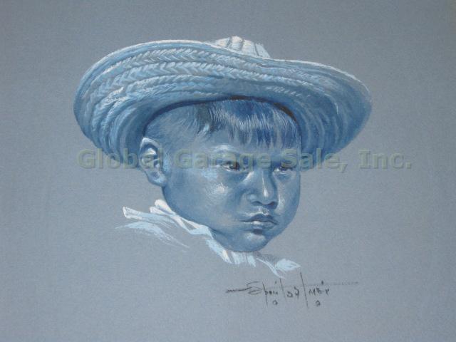 2 Vtg Original Signed 1957 Mexican Child Blue Portrait Art Paintings Drawings NR 2