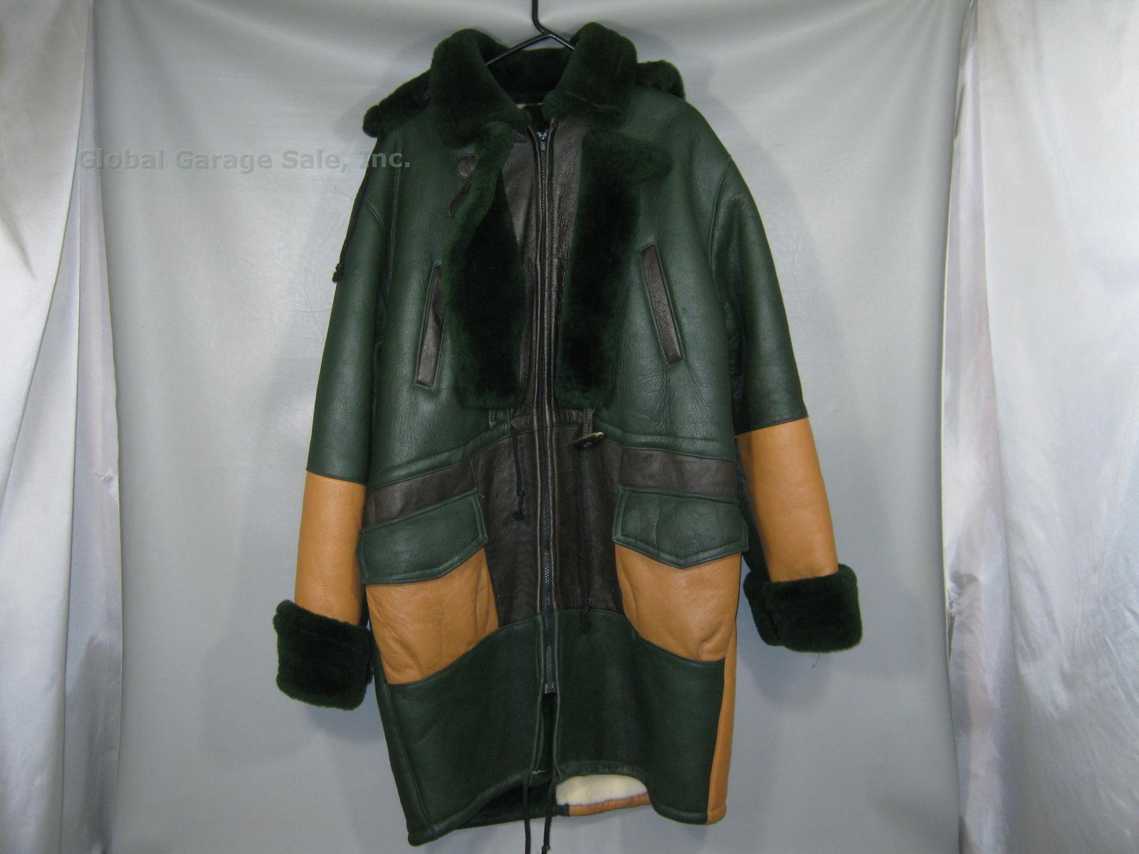 Men Cool Style Green & Tan Hooded Sheepskin Leather? Heavy Winter Coat Jacket XL