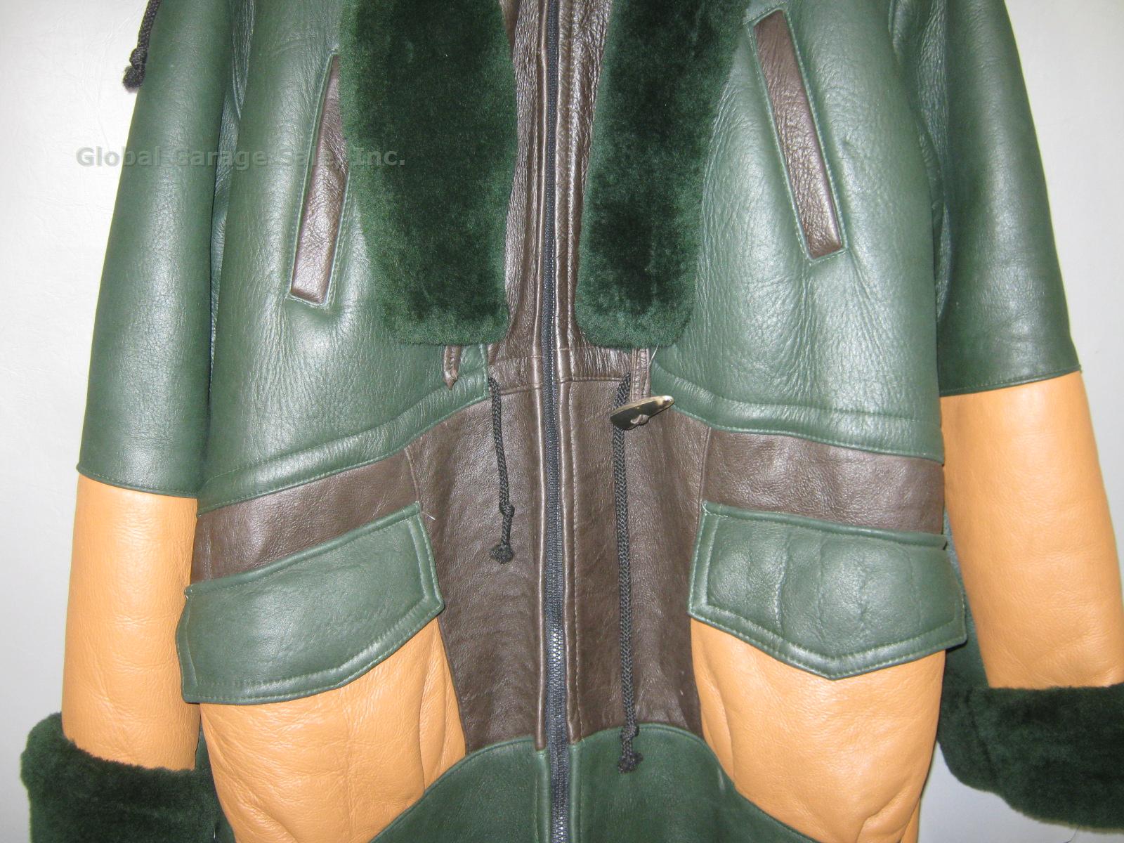 Men Cool Style Green & Tan Hooded Sheepskin Leather? Heavy Winter Coat Jacket XL 1