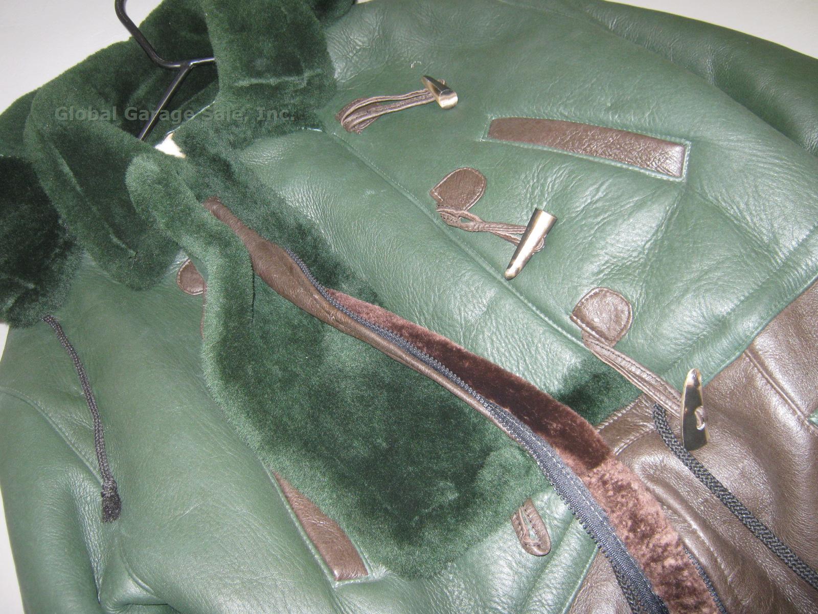 Men Cool Style Green & Tan Hooded Sheepskin Leather? Heavy Winter Coat Jacket XL 2
