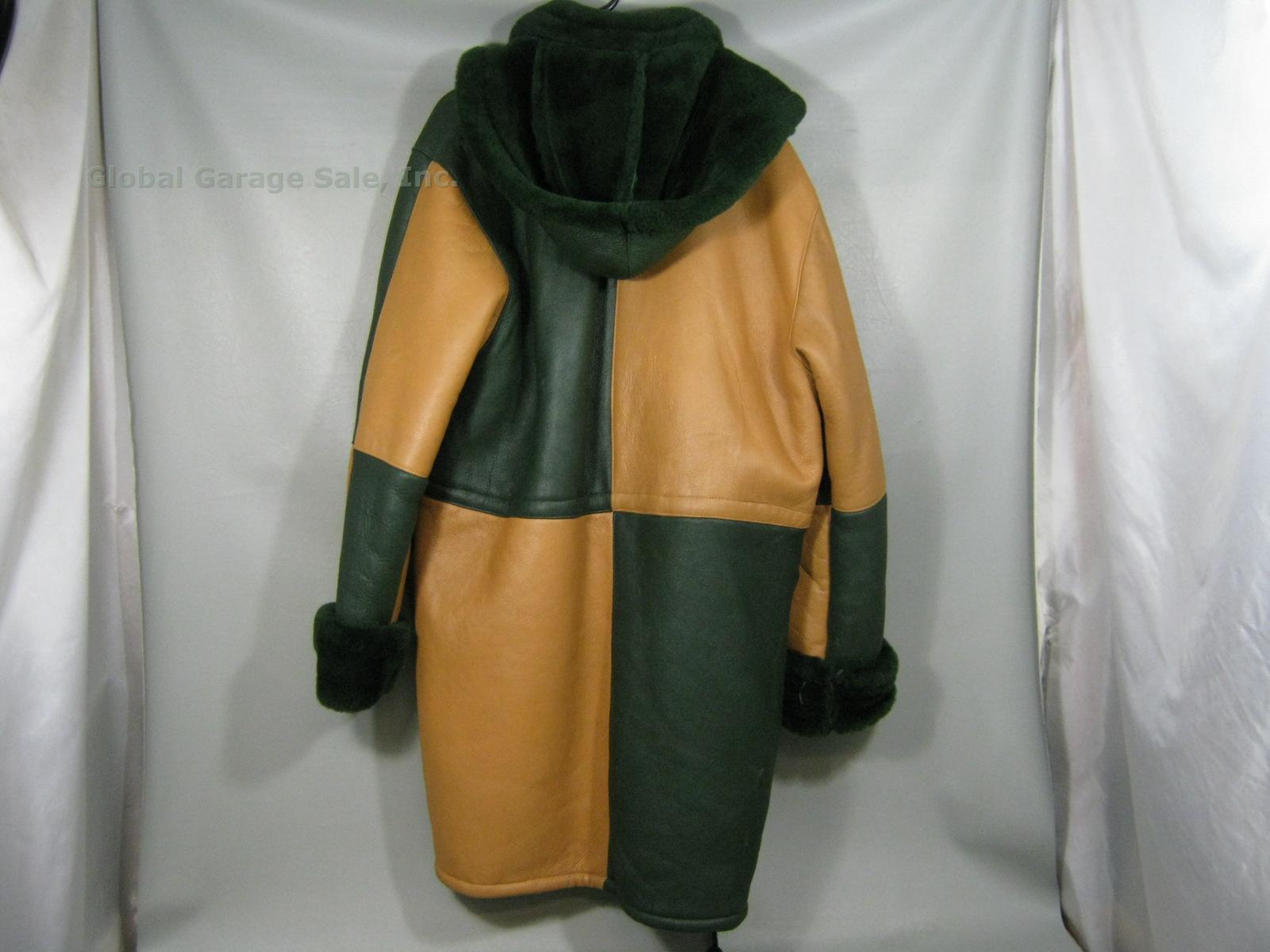 Men Cool Style Green & Tan Hooded Sheepskin Leather? Heavy Winter Coat Jacket XL 3