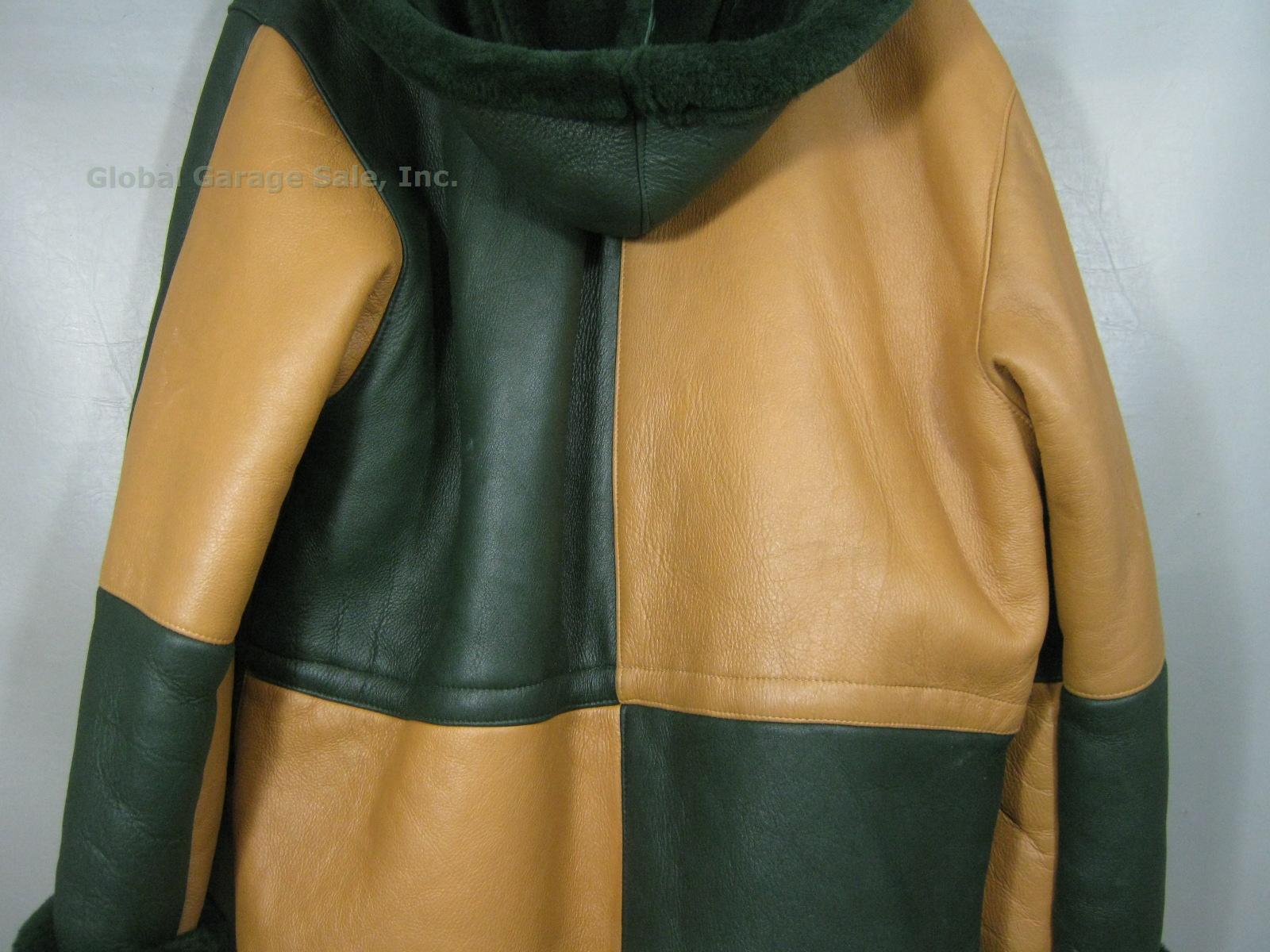 Men Cool Style Green & Tan Hooded Sheepskin Leather? Heavy Winter Coat Jacket XL 4