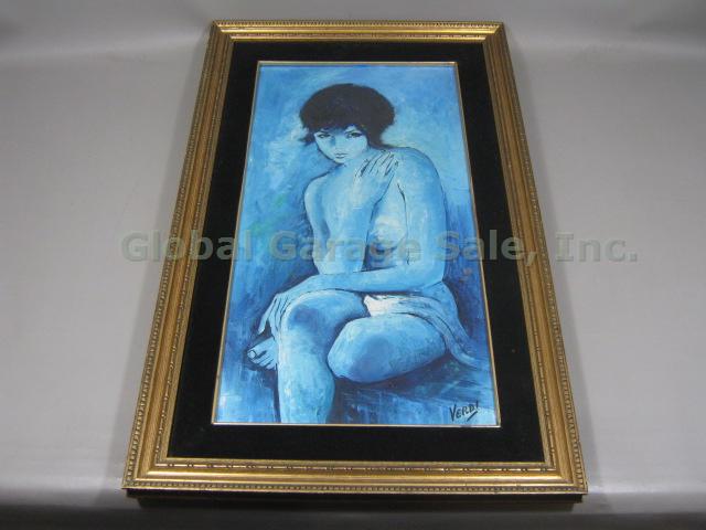 Vtg 50s 60s Framed Oil Painting On Canvas Blue Nude Woman Verdi Signed Original?