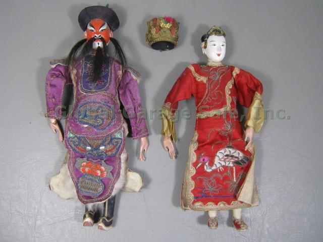 2 Antique 10" Chinese Wooden Opera Dolls Puppets 1920s Hand Painted Embroidered