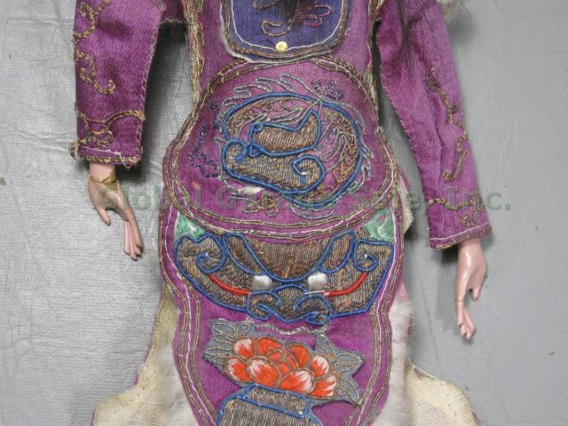 2 Antique 10" Chinese Wooden Opera Dolls Puppets 1920s Hand Painted Embroidered 2