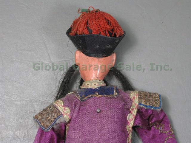 2 Antique 10" Chinese Wooden Opera Dolls Puppets 1920s Hand Painted Embroidered 13