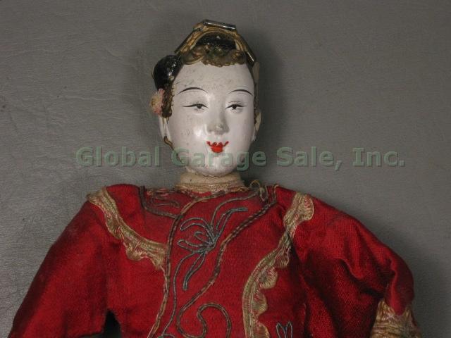 2 Antique 10" Chinese Wooden Opera Dolls Puppets 1920s Hand Painted Embroidered 15