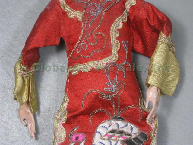 2 Antique 10" Chinese Wooden Opera Dolls Puppets 1920s Hand Painted Embroidered 16