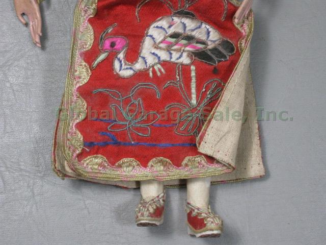 2 Antique 10" Chinese Wooden Opera Dolls Puppets 1920s Hand Painted Embroidered 17