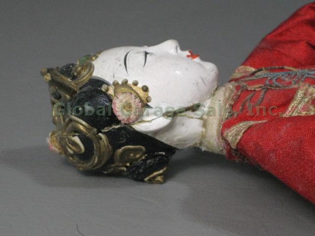 2 Antique 10" Chinese Wooden Opera Dolls Puppets 1920s Hand Painted Embroidered 21
