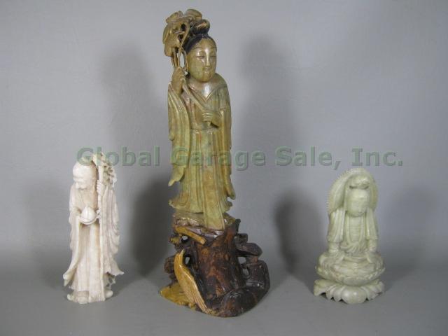 3 Vtg Carved Chinese Asian Soapstone Stone Figures Figurines Buddha 5"-11.5" NR!