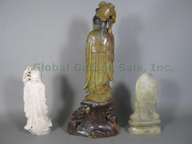 3 Vtg Carved Chinese Asian Soapstone Stone Figures Figurines Buddha 5"-11.5" NR! 11