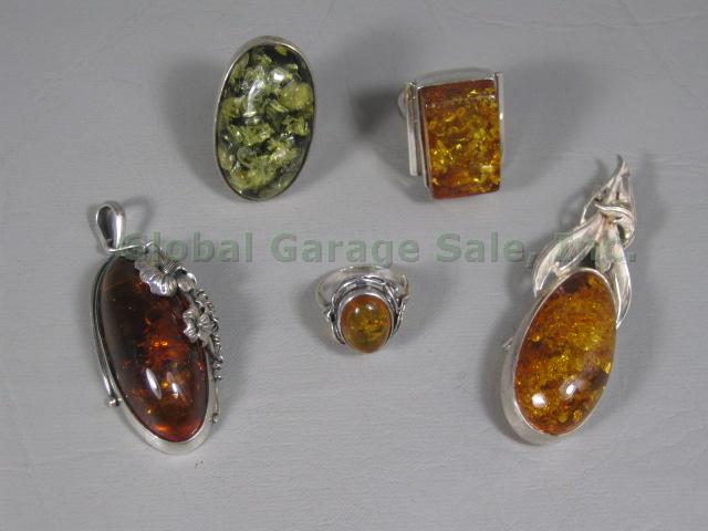 5 Vtg Amber Sterling Silver Pendant Necklace Ring Brooch Jewelry Lot 52 Grams NR