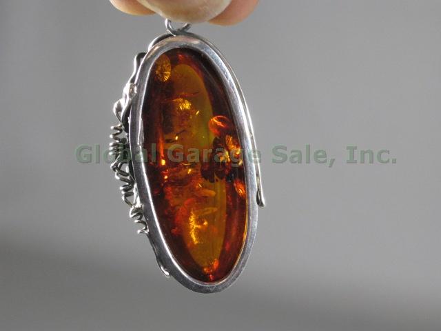 5 Vtg Amber Sterling Silver Pendant Necklace Ring Brooch Jewelry Lot 52 Grams NR 3