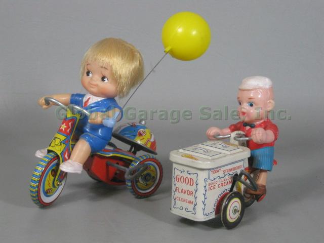 Vtg Japan Tin Litho Wind-up Metal Toy Good Flavor Ice Cream Vendor + Tricycle NR