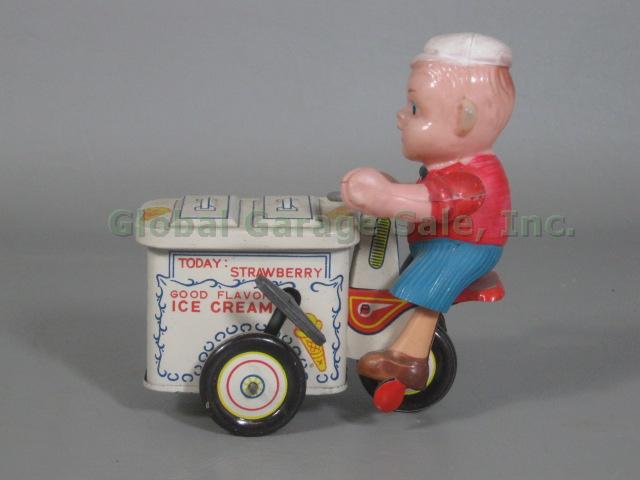 Vtg Japan Tin Litho Wind-up Metal Toy Good Flavor Ice Cream Vendor + Tricycle NR 1