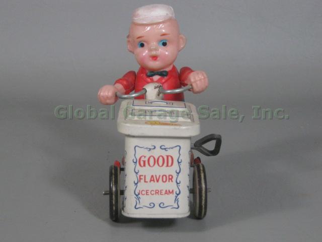 Vtg Japan Tin Litho Wind-up Metal Toy Good Flavor Ice Cream Vendor + Tricycle NR 2