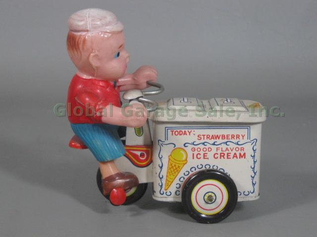 Vtg Japan Tin Litho Wind-up Metal Toy Good Flavor Ice Cream Vendor + Tricycle NR 3