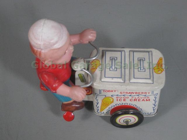 Vtg Japan Tin Litho Wind-up Metal Toy Good Flavor Ice Cream Vendor + Tricycle NR 5