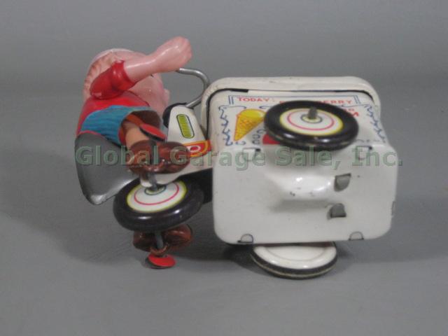 Vtg Japan Tin Litho Wind-up Metal Toy Good Flavor Ice Cream Vendor + Tricycle NR 6