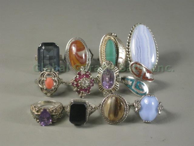 12 Ring Lot Sterling Silver Agate Amethyst Coral Garnet Malachite Opal Turquoise
