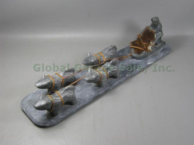 Signed Eskimo Inuit Husky Dog Sled Soapstone Carving Sculpture Leather Reins 15"
