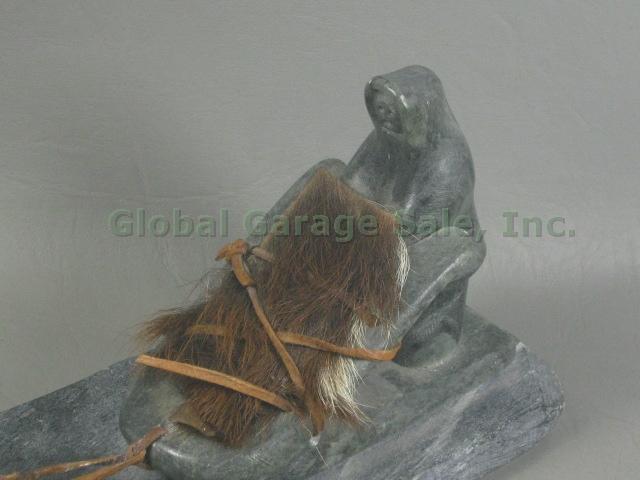 Signed Eskimo Inuit Husky Dog Sled Soapstone Carving Sculpture Leather Reins 15" 2