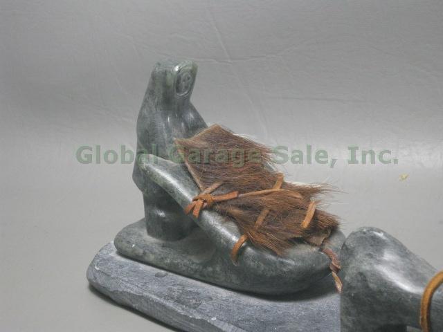Signed Eskimo Inuit Husky Dog Sled Soapstone Carving Sculpture Leather Reins 15" 4