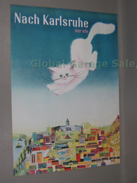 Vtg German Travel Poster Nach Karlsruhe Nur Ein Germany White Cat Beck 23" x 33"