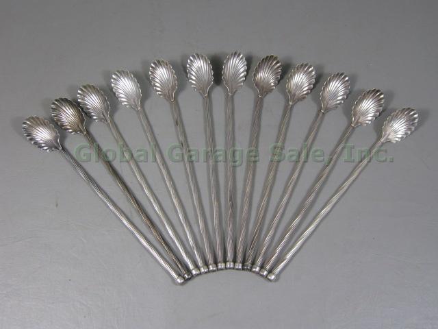 12 Vtg Antique Sterling Silver Sippers Straws Shell Seashell Spoons 8-3/8" 5.5oz