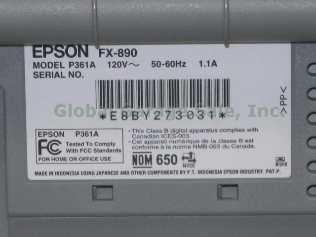 Epson FX-890 Dot Matrix 9 Pin Workgroup Parallel Printer USB P361A Ribbon Cables 7