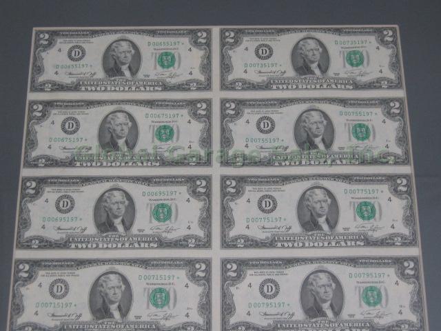 1976 Uncut Half-Sheet 16 US $2 Dollar Bill Star Federal Reserve Note FRN UNC NR! 1