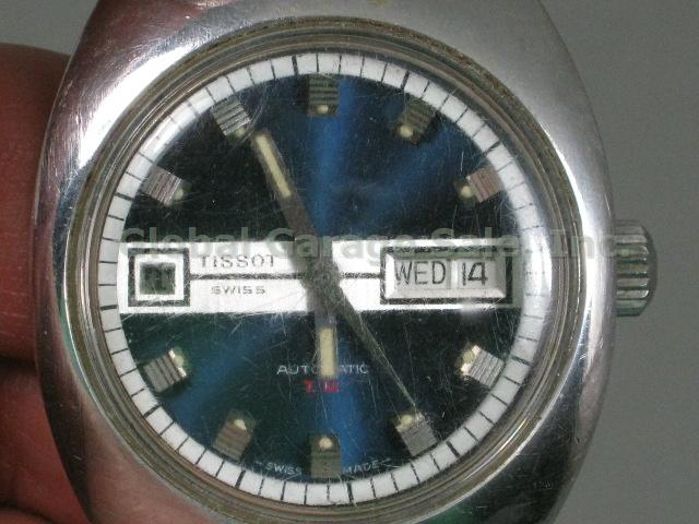 Mens Vtg 70s Tissot T.12 Automatic Watch 17 Jewel Blue Dial Steelinox Band NR!!!