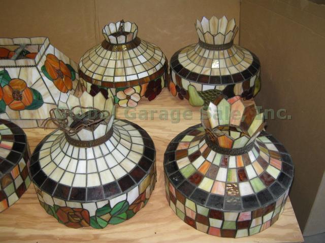 10 Vtg Tiffany-Style Stained Glass Hanging Lamp Light Fixture Shades Set Lot NR! 1