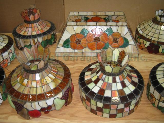 10 Vtg Tiffany-Style Stained Glass Hanging Lamp Light Fixture Shades Set Lot NR! 2