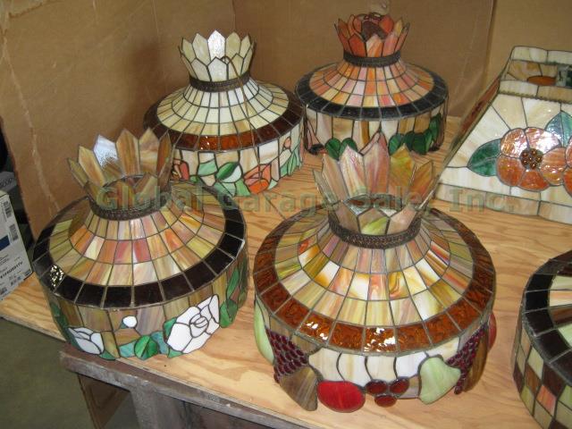 10 Vtg Tiffany-Style Stained Glass Hanging Lamp Light Fixture Shades Set Lot NR! 3