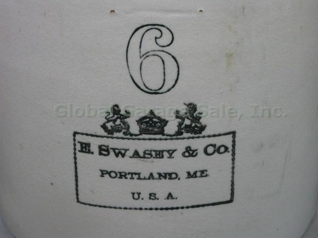 Vtg Antique E Swasey & Co Portland Maine 6 Gallon Stoneware Crock Ear Handles NR 1